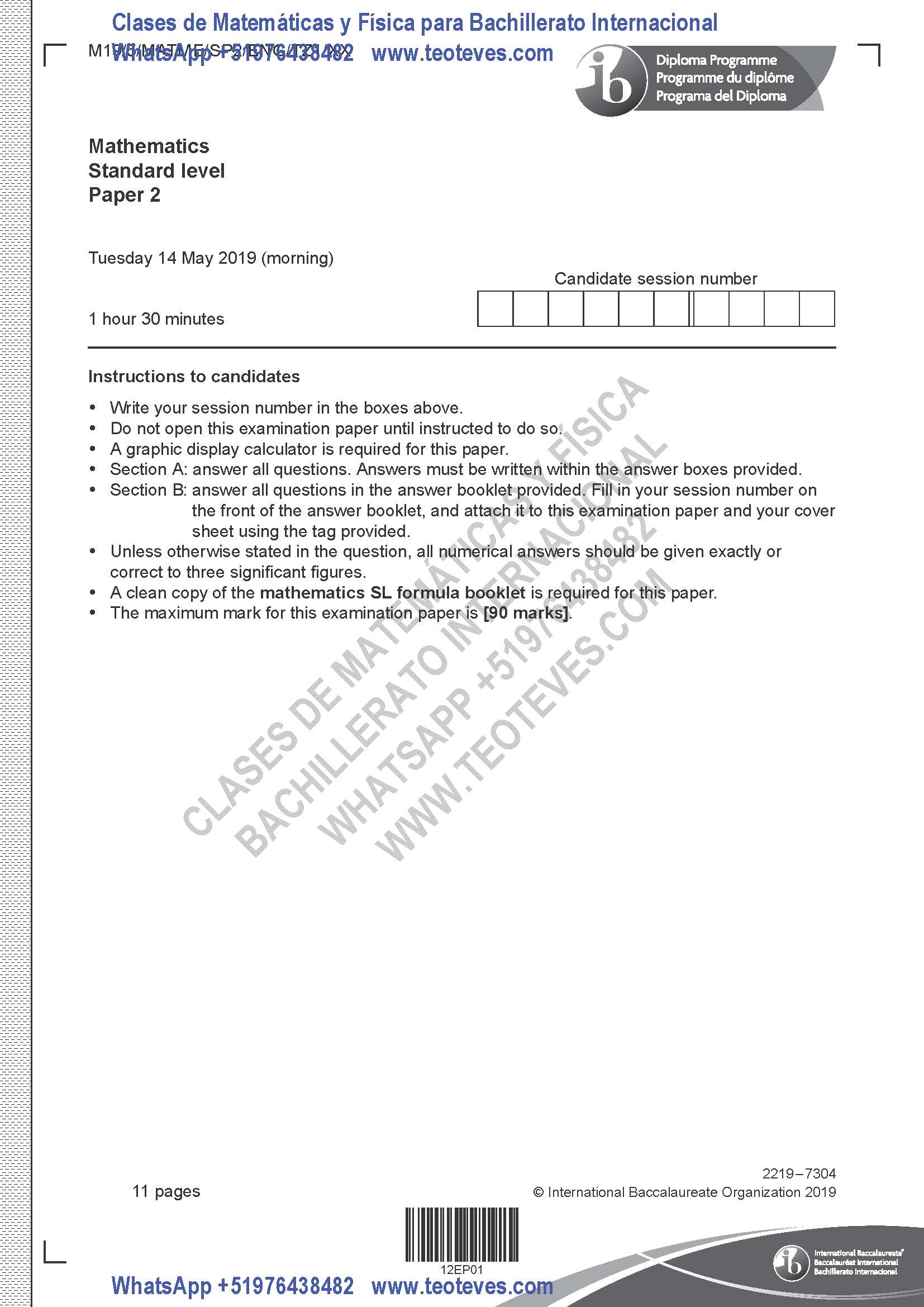 Examen Matemáticas Nivel Medio Prueba 2 TZ1 Mayo 2019 Página 2. Clases particulares de Matemáticas y Física Bachillerato Internacional.