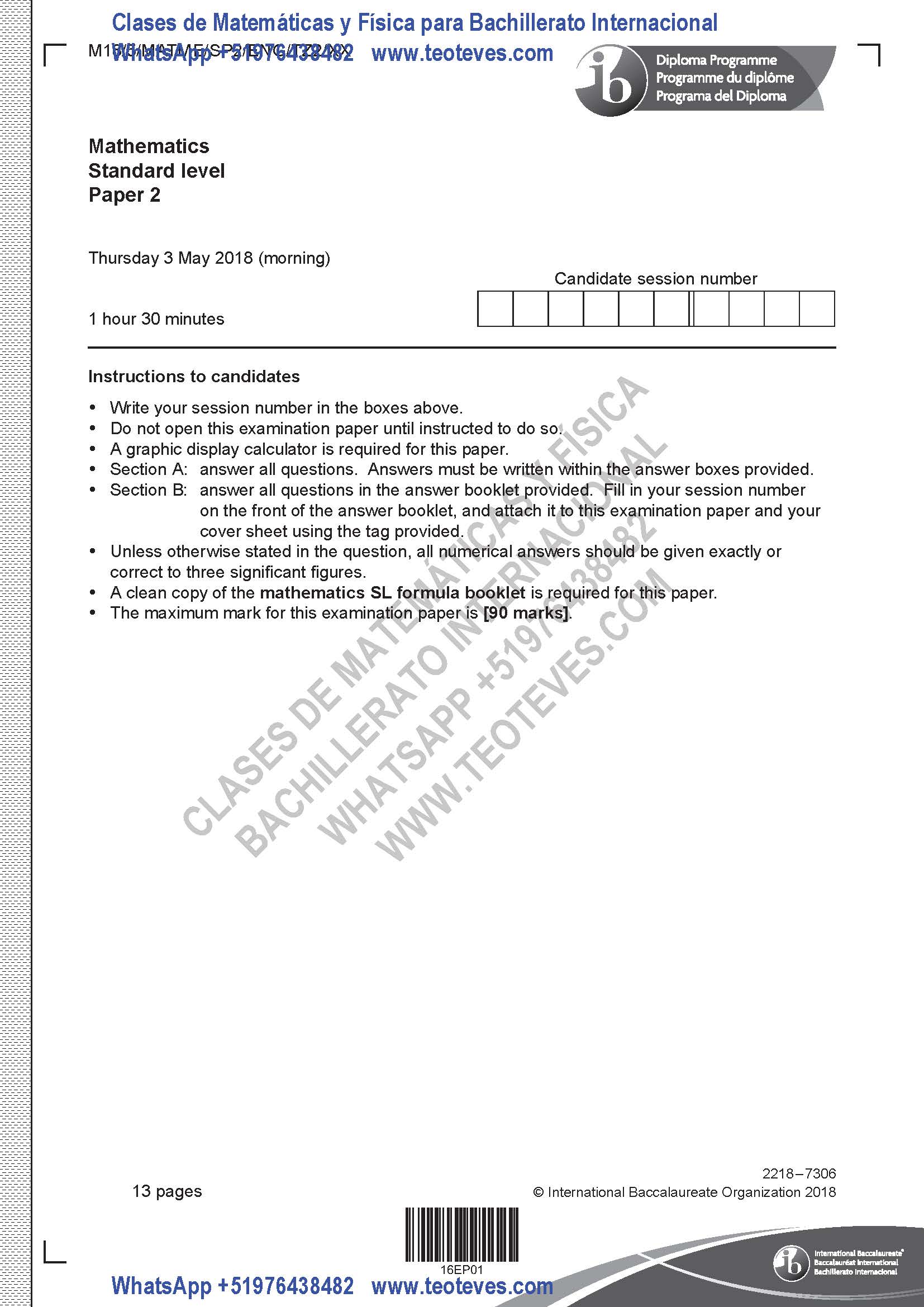Examen Matemáticas Nivel Medio Prueba 2 TZ2 Mayo 2018 Página 1. Clases particulares de Matemáticas y Física Bachillerato Internacional.
